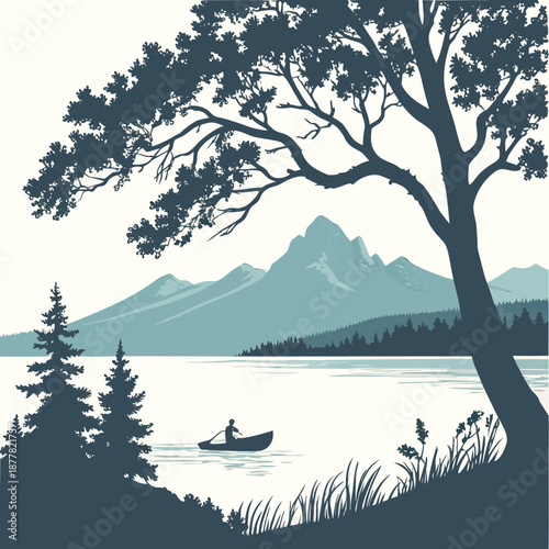 Serene lake scene with canoeist and mountain range