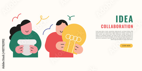 Flat modern illustration of people collaborating and sharing ideas with a light bulb, representing teamwork, creativity, innovation, brainstorming, and business collaboration concept.
