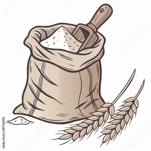 Open flour sack with wooden scoop and wheat grains