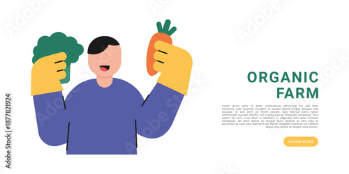 Flat modern illustration of a farmer holding fresh vegetables, representing organic farming, healthy food, agriculture, sustainability, and eco friendly lifestyle concept.