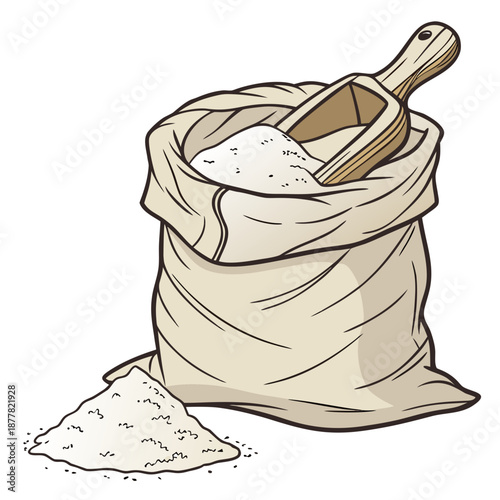 Open flour sack with wooden scoop partially buried