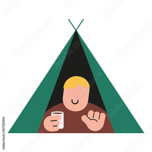 Flat modern illustration of a person relaxing inside a camping tent, holding a cup, representing outdoor lifestyle, travel, camping, relaxation, and nature concept.