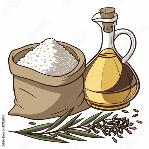 Rice flour bag olive oil bottle and leaves