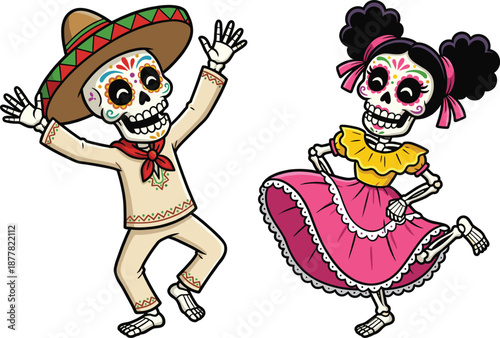 Cute Day of the Dead skeleton couple dancing in traditional Mexican outfits, colorful Dia de los Muertos cartoon character illustration for festivals, stickers, culture, and celebrations