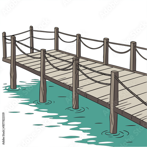 Wooden bridge over turquoise water pier dock rope railing