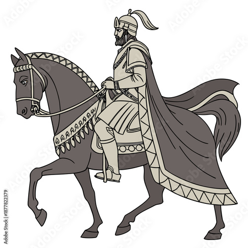 Ancient warrior on horseback with ornamental fabric and helmet
