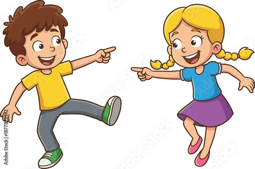 Happy cartoon boy and girl pointing at each other, cute kids character illustration showing playful interaction for education, children books, learning materials, and friendly designs