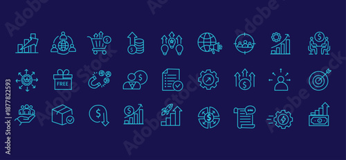 Increase sales icon set. Editable line icons. Vector illustration.