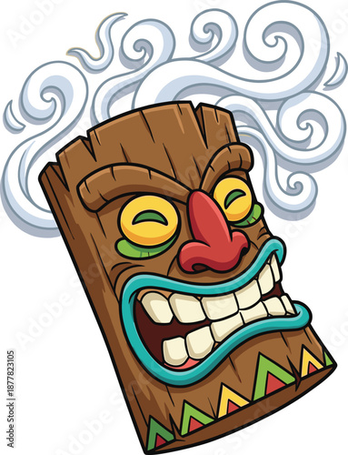 Funny tiki mask cartoon illustration with smiling wooden tribal face and swirling smoke, colorful tropical character vector art isolated on white background
