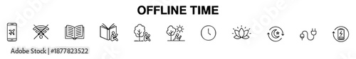 Minimal icons for offline time: unplugging, reading, nature, rest, and digital recovery.