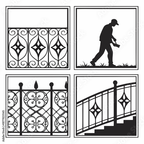 Silhouettes of ironwork and railings