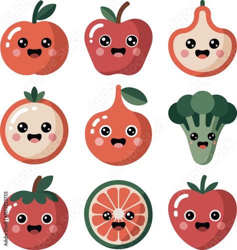 Playful cartoon fruits and vegetables with happy faces