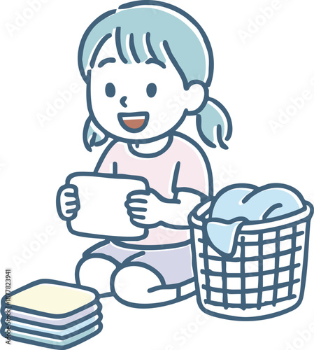 洗濯物を畳んでお手伝いをする笑顔の女の子のイラスト