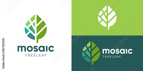 Creative geometric mosaic floral logo template. Elegant leaf shape with geometric mosaic symbol logo design vector illustration.