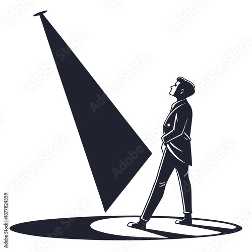 Man in suit looking up at spotlight black and white