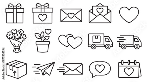 Line art love and delivery icon set featuring gifts, hearts, flowers, and fast shipping elements for romance and e-commerce