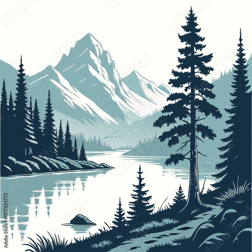 Canvastavla Serene alpine lake with snowcapped mountains and pine trees