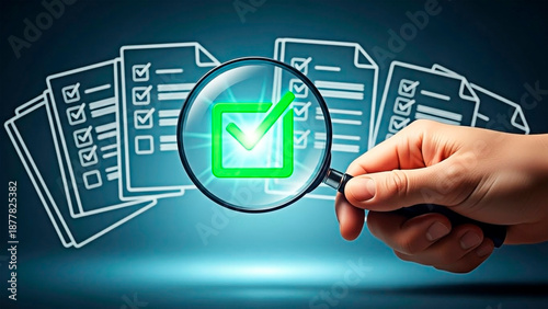A hand holding a magnifying glass over documents for quality control and auditing
