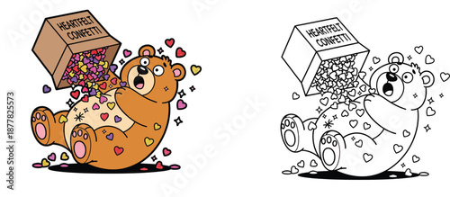 Funny cartoon bear surprised by heartfelt confetti pouring from a box with black and white line art version for coloring book Valentine's Day love vector illustration