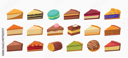 assorted tasty cake slices dessert in set