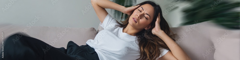 Fototapeta premium Young asian female relaxing with hands on head on sofa