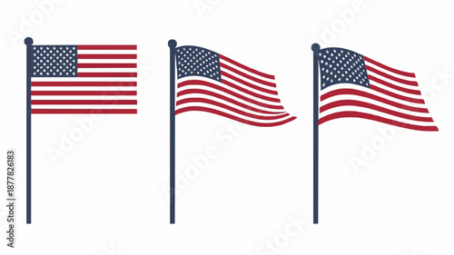 Three American flags waving on flagpoles with a white background, showcasing red, white, and blue colors in a patriotic display.