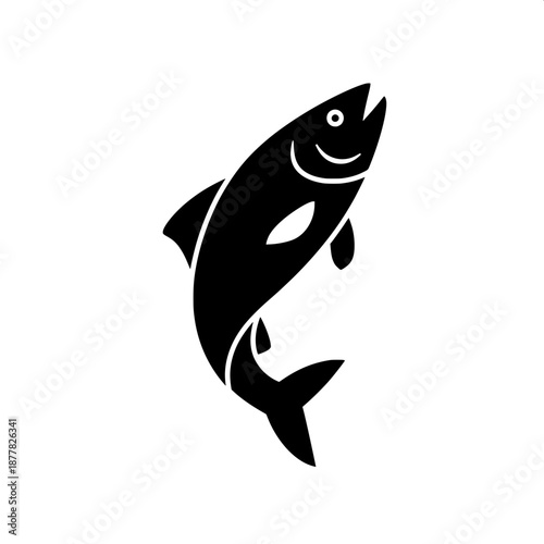 A modern graphic illustration of a fish leaping diagonally upward, solid black form, crisp edges, flat design, high contrast composition