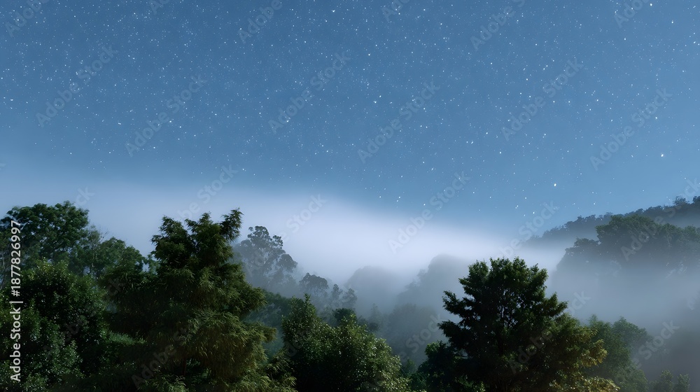 Fototapeta premium A serene misty night scene with a blanket of fog over forested hills beneath a starry sky