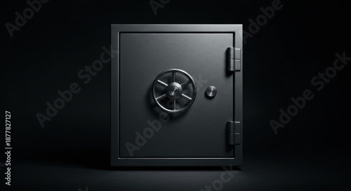 A solid, metallic safe stands centered on a black background, slightly illuminated