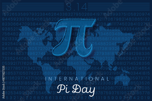 Horizontal banner for International Pi Day with pi symbol, mathematical digits and world map on a blue background. Ideal for education, science, and math celebrations on March 14.