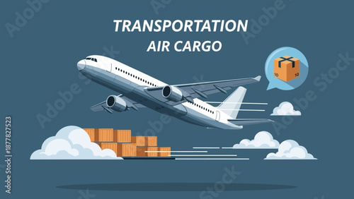 Air Cargo Plane Flying with Boxes and Clouds, Transportation Concept