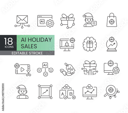 A set of vector icons representing AI-driven tools for holiday sales and marketing optimization, created in line style with editable stroke