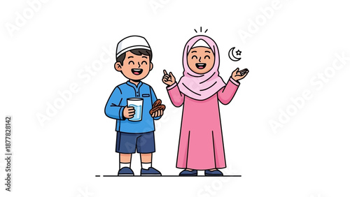 Happy children celebrating Ramadan with traditional sweets and drinks