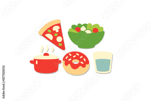 Paper cut food icons: pizza, salad, pot, donut, and water
