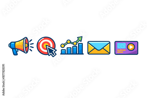 Digital marketing icons: megaphone, target, graph, email, video