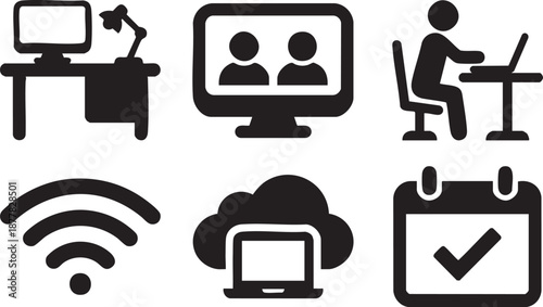 Black depicting desk computer wifi call person at laptop cloud computing and calendar checkmark