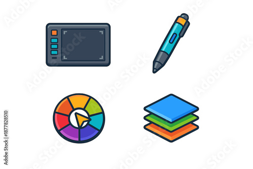 Digital Art Tools Icons: Graphics Tablet, Stylus, Color Wheel, Layers