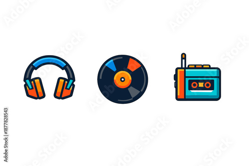 Vintage audio icons: headphones, record, and cassette player