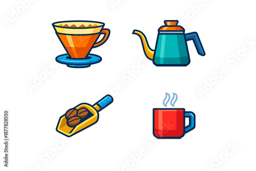 Coffee brewing equipment and hot drink icons