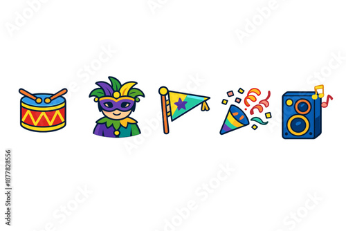 Mardi Gras Icons: Drum, Jester, Flag, Confetti Popper, Speaker