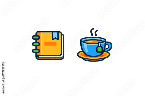 Open book and steaming cup of tea icons