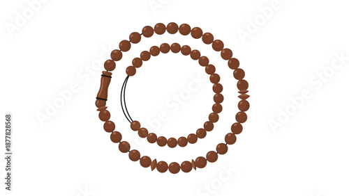 Brown wooden prayer beads arranged in a spiral pattern on white background