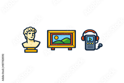 Art and Audio Icons: Sculpture, Painting, and Audio Player
