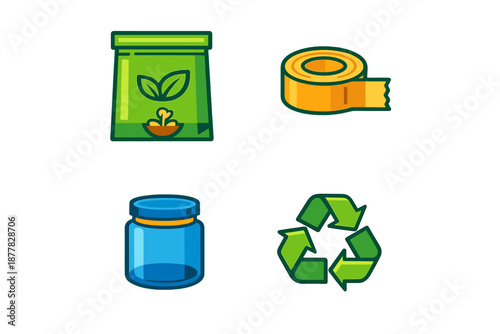 Set of garden and recycle icons: fertilizer, tape, jar, recycling