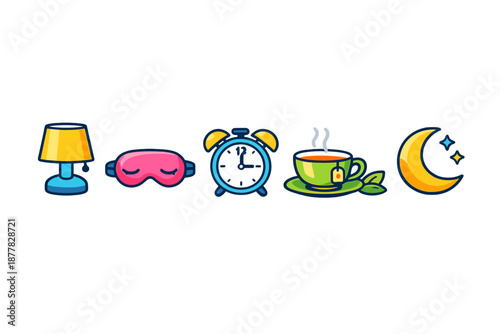 Bedtime routine icons: lamp, sleep mask, alarm clock, tea, moon