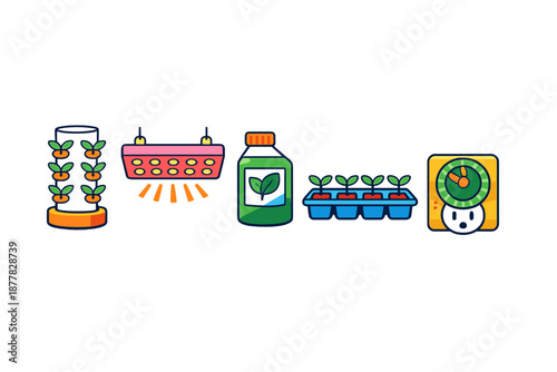 Hydroponic gardening equipment icons