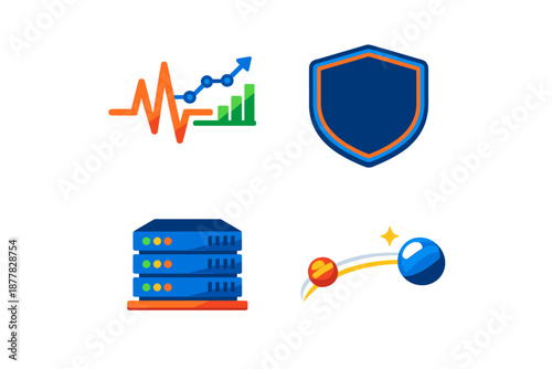Technology icons: statistics, security, servers, data transfer