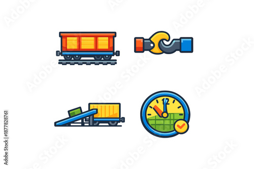 Logistics and transportation icons with cargo train, crane and clock
