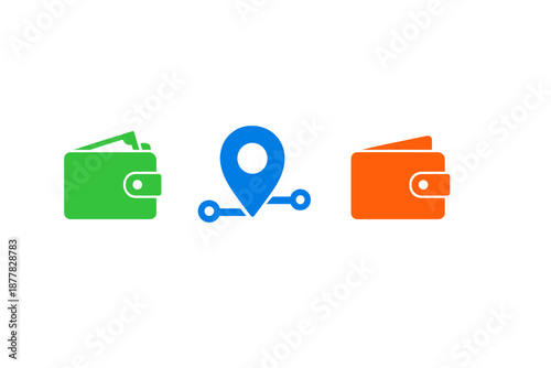 Three glowing icons: wallet, location pin, and wallet