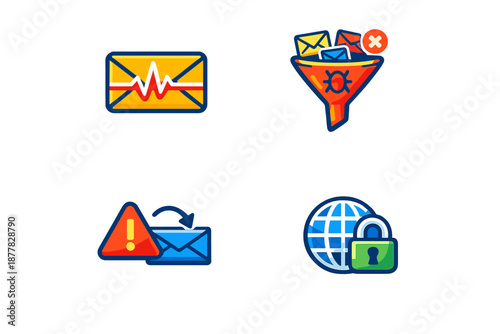 Email icons: alert, virus filter, encryption, and health check
